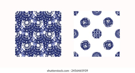 Indigo blue Japanese block print effect pattern set. Seamless hand made vector design for fabric batik background and faded fashion repeat collection