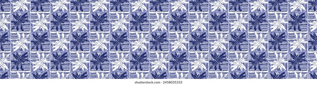 Indigo blue Japanese block print effect bordur. Seamless hand made vector design for fabric batik ribbon and faded fashion repeat banner. 