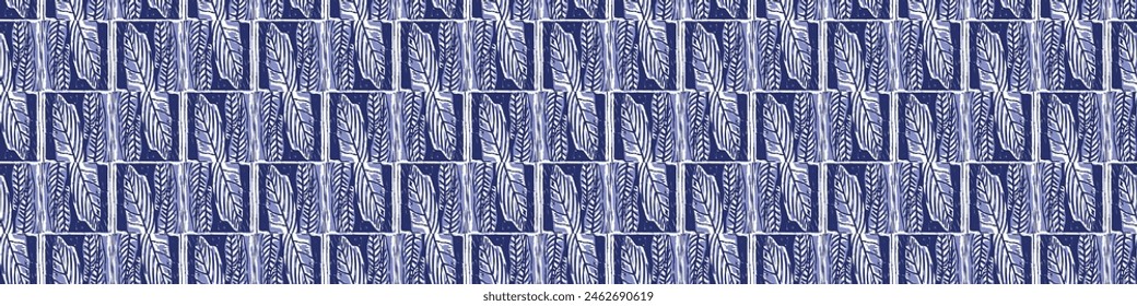 Indigo blue Japanese block print effect bordur. Seamless hand made vector design for fabric batik ribbon and faded fashion repeat banner. 