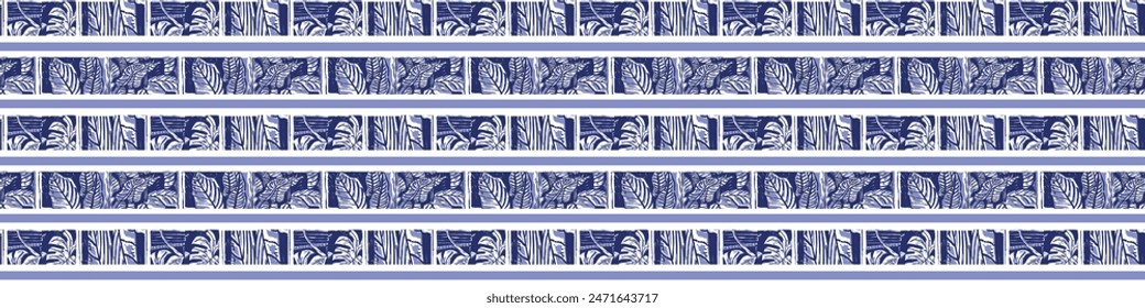 Indigo blue Japanese block print effect bordur. Seamless hand made vector design for fabric batik ribbon and faded fashion repeat banner. 