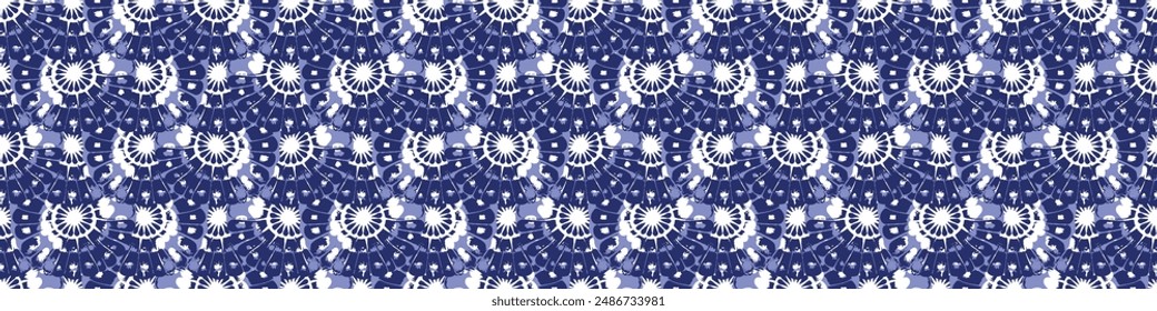 Indigo blue Japanese block print effect pattern border. Seamless hand made ribbon vector design for fabric batik banner and faded fashion repeat