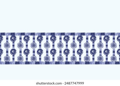 Indigo blue Japanese block print effect bordur. Seamless hand made vector design for fabric batik ribbon and faded fashion repeat banner. 