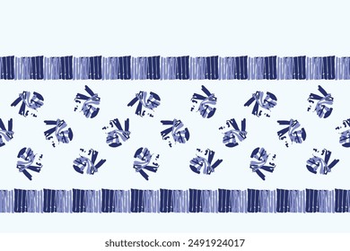 Indigo blue Japanese block print effect bordur. Seamless hand made vector design for fabric batik ribbon and faded fashion repeat banner. 