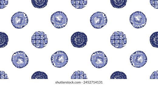 Indigo blue Japanese dot block print effect border. Seamless hand made vector design for fabric batik washi tape and faded fashion edging. 