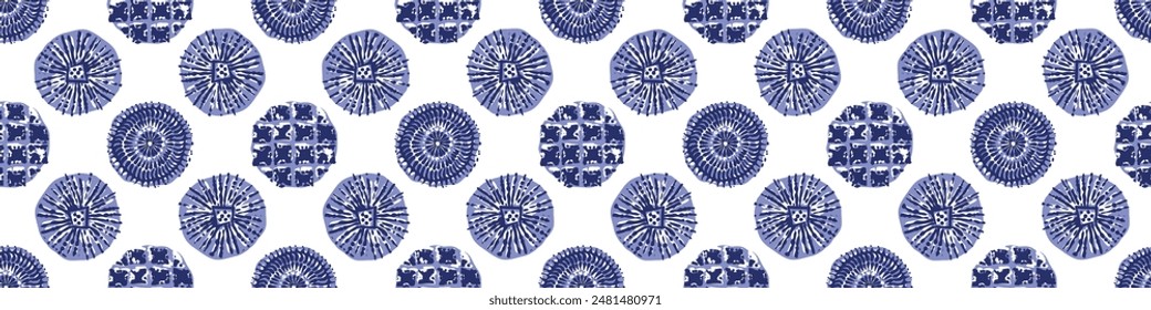 Indigo blue Japanese dot block print effect border. Seamless hand made vector design for fabric batik washi tape and faded fashion edging. 