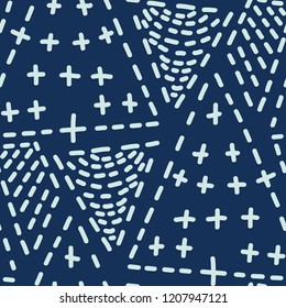 Indigo Blue Japanese Style Stitch Lines Seamless Vector Pattern. Hand Drawn Sashiko Grid Illustration for Fashion Prints, Handicrafts Packaging, Minimal Wallpaper Backdrops. Japan Textile Home Decor.