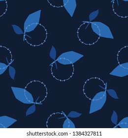 Indigo blue leaf circle shapes. Vector pattern seamless tossed background. Hand drawn floral geometric leaves graphic illustration. Trendy retro home decor, boho masculine fashion print, wallpaper.