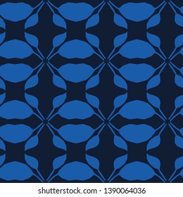 Indigo blue leaf quilt block shapes. Vector pattern seamless background. Hand drawn floral geometric leaves graphic illustration. Trendy retro home decor, boho masculine fashion print, navy wallpaper.