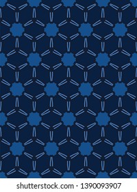 Indigo blue leaf quilt block shapes. Vector pattern seamless background. Hand drawn floral geometric leaves graphic illustration. Trendy retro home decor, boho masculine fashion print, navy wallpaper.