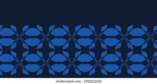 Indigo blue leaf quilt block shapes. Vector border pattern seamless background. Hand drawn geometric leaves graphic edging banner. Trendy retro home decor, boho masculine fashion,  navy ribbon trim