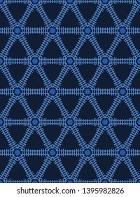 Indigo blue leaf quilt block shapes. Vector pattern seamless background. Hand drawn floral geometric leaves graphic illustration. Trendy retro home decor, boho masculine fashion print, navy wallpaper.