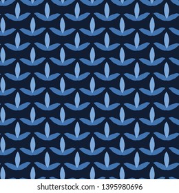 Indigo blue leaf stripes shapes. Vector pattern seamless striped background. Hand drawn floral geometric leaves graphic illustration. Trendy retro home decor, mens shirting fashion print, wallpaper.
