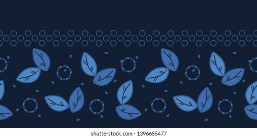 Indigo blue leaf stripes shapes. Vector border pattern seamless striped background. Hand drawn floral geometric leaves illustration. Trendy retro home decor, mens shirting fashion print, ribbon trim