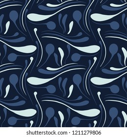 Patrón vectorial de hoja azul índigo Swirls Seamless. Dibujante de dibujos geométricos en forma de dibujos para dibujos a la moda, diseños de estilo japonés, enseres gráficos de regalo o fondos de embalaje.