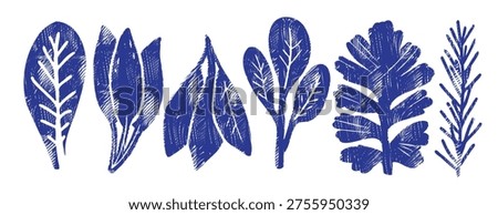 Indigo blue linocut herb leaf vector set. Vintage woodcut botanical collection with crosshatch texture. Hand drawn rosemary, mint and basil sprigs for kitchen decor, spice branding and organic design
