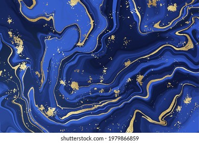 Indigo blue liquid marbled watercolor background with golden glitter lines. Luxury cyan marbled alcohol ink drawing effect backdrop and kintsugi. Vector illustration of abstract stylish fluid art.