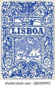 Indigo Blue Lisbon Paint Tile Floor Oriental Lisboa Ornament Collection Seamless Patchwork Pattern Colorful Painted Tin Portugal Ceramic Tilework Vintage Illustration background Vector Pattern Brocade