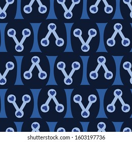 Indigo blue love heart triangle vector seamless pattern. Hand drawn dotty spot style valentines background. Trendy monochrome masculine decorative wrapping paper all over print. Navy blu abstract.

