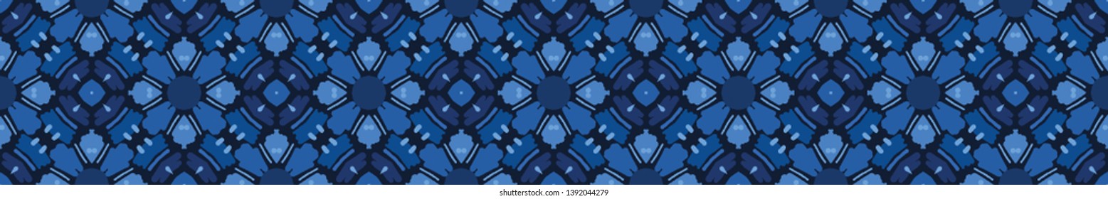 Indigo blue mosaic quilt tile shapes. Vector border pattern seamless background. Hand drawn geometric quilt grid graphic. Trendy retro home decor, boho masculine fashion edging, navy geo ribbon trim