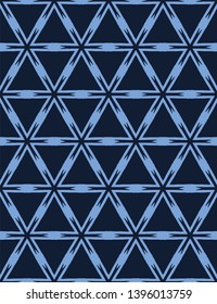 Indigo blue mosaic star tile shapes. Vector pattern seamless background. Hand drawn geometric starry quilt grid graphic illustration. Trendy home decor, masculine fashion print, navy geo wallpaper.