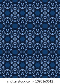 Indigo blue mosaic tile shapes. Vector pattern seamless background. Hand drawn geometric quilt grid graphic illustration. Trendy retro home decor,  masculine damask fashion print, navy geo wallpaper.