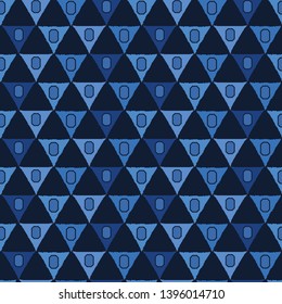 Formas de mosaico azul índigo. Patrón vectorial sin problemas. Ilustración gráfica de tejido geométrico dibujado a mano. Decoración de hogar geométrica en triángulo, estampado masculino, tapicería geo en la marina
