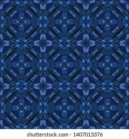 Indigo blue mosaic tile shapes. Vector pattern seamless background. Hand drawn geometric quilt grid graphic illustration. Trendy retro home decor, boho masculine fashion print, navy geo wallpaper.