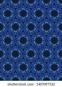 Indigo blue mosaic tile shapes. Vector pattern seamless background. Hand drawn geometric quilt daisy graphic illustration. Trendy retro home decor, boho masculine fashion print, navy floral wallpaper.