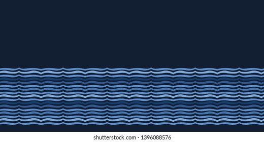 Indigo blue ocean waves seamless vector border pattern. Hand drawn seaside regatta stripes. Wavy aqua banner for seafaring banner, nautical textile, maritime home decor. Wet lake, river, sea fabric