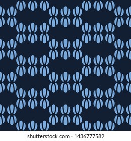 Indigo blue petal wave motif Japanese style pattern. Hand drawn dyed curved stripes textiles. Decorative geometric home decor. Modernist trendy monochrome all over print. Seamless vector swatch. 