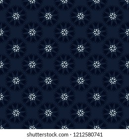 Indigo Blue Polka Dot Floral Seamless Vector Pattern. Drawn 1950's Style Flower llustration for Trendy Fashion Prints, Christmas Packaging, Dark Denim Blue Dotty Paper, Wrap, Wedding Stationery. 