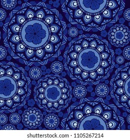 indigo blue Porcelain chic boho mandala design from flower and betel leaf vector seamless pattern with white and blue tone background
  