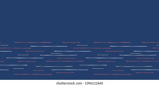 Indigo blue regatta stripe seamless vector border pattern. Hand drawn seaside thin lines. Wavy aqua for seafaring banner, nautical textile ribbon trim, maritime home decor. Classic blue red stripede