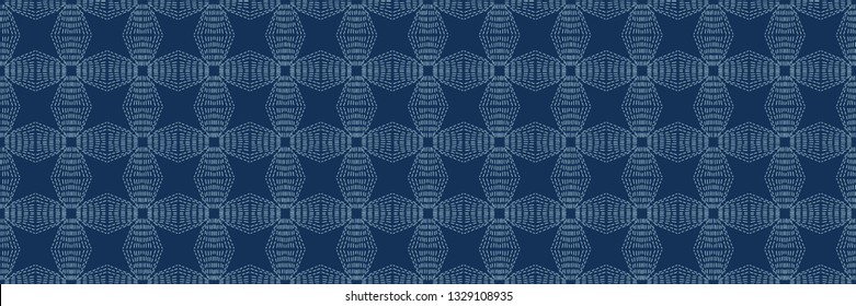 Indigo blue Sashiko style japanese needlework seamless vector border. Hand stitch abstract motif line texture ribbon. Textile edge trim, classic Japan decor band. Asian Kimono quilting template tape.