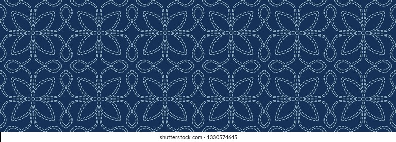 Indigo Blue Sashiko Style Japanese Needlework Seamless Vector Border. Hand Stitch Floral Motif Line Texture Ribbon. Textile Edge Trim, Classic Japan Decor Band. Asian Simple Kimono Quilting Template.