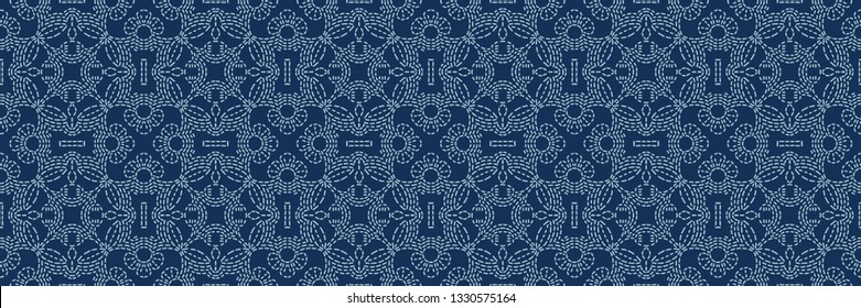 Indigo blue Sashiko style japanese needlework seamless vector border. Hand stitch abstract motif line texture ribbon. Textile edge trim, classic Japan decor band. Asian Kimono quilting template tape.
