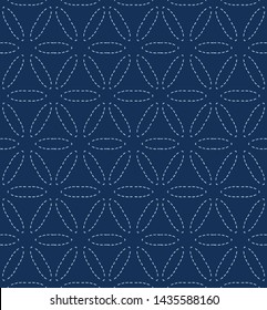 Indigo blue sashiko style japanese embroidery pattern. Hand running stitch line texture textile print. Classic hana zashi motif Japan decor. Asian kimono quilting template. Seamless vector backdrop