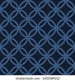 Indigo Blue Sashiko Style Japanese Embroidery Pattern. Hand Running Stitch Line Texture Textile Print. Classic Hana Zashi Motif Japan Decor. Asian Kimono Quilting Template. Seamless Vector Backdrop