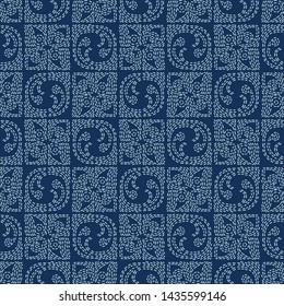 Indigo blue sashiko style japanese embroidery pattern. Hand running stitch spiral texture textile print. Classic geometric motif Japan decor. Asian kimono quilting template. Seamless vector backdrop 