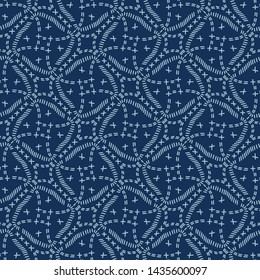 Indigo Blue Sashiko Style Japanese Embroidery Pattern. Hand Running Stitch Line Texture Textile Print. Classic Geometric Motif Japan Decor. Asian Kimono Quilting Template. Seamless Vector Backdrop