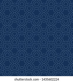 Indigo blue sashiko style japanese embroidery pattern. Hand running stitch star texture textile print. Classic geometric motif Japan decor. Asian kimono quilting template. Seamless vector backdrop