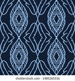 Indigo blue seamless dyed pattern. Hand drawn petal shape background. Geometric arabesque allover print. Vector japanese style ine art swatch
