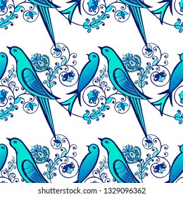 Indigo blue seamless pattern. Floral wallpaper. Ornate ornament  with  birds. Decorative ornament for fabric, textile, wrapping paper. 