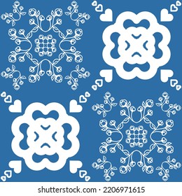 Indigo blue seamless pattern, repeating motif tile mosaic pottery design, portuguese style in pottery, vector illustration