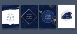 Indigo Blue Set Card Wedding Invitation, Floral Invite Thank You, Rsvp Modern Card Design In Golden Flower With Leaf Greenery  Branches Decorative Vector Elegant Rustic Template