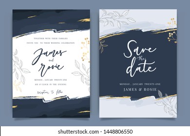 Indigo Blue Set Card Wedding Invitation, floral invite thank you, rsvp modern card Design in Golden flower with leaf greenery  branches decorative Vector elegant rustic template