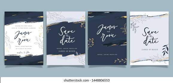 Indigo Blue Set Card Wedding Invitation, floral invite thank you, rsvp modern card Design in Golden flower with leaf greenery  branches decorative Vector elegant rustic template