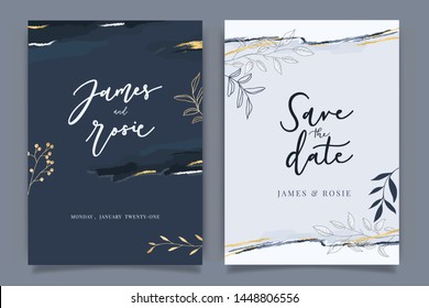 Indigo Blue Set Card Wedding Invitation, floral invite thank you, rsvp modern card Design in Golden flower with leaf greenery  branches decorative Vector elegant rustic template