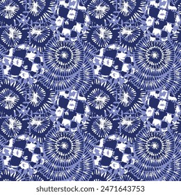 Indigo blue stitch effect abstract vector seamless pattern background. Modern masculine graphic design for block print hand craft trend. 