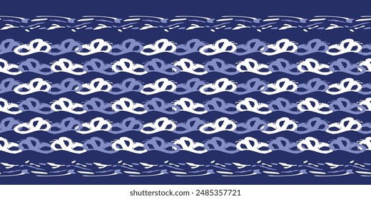 Indigo blue stitch effect abstract vector seamless pattern background. Modern masculine graphic design for block print hand craft trend. 
